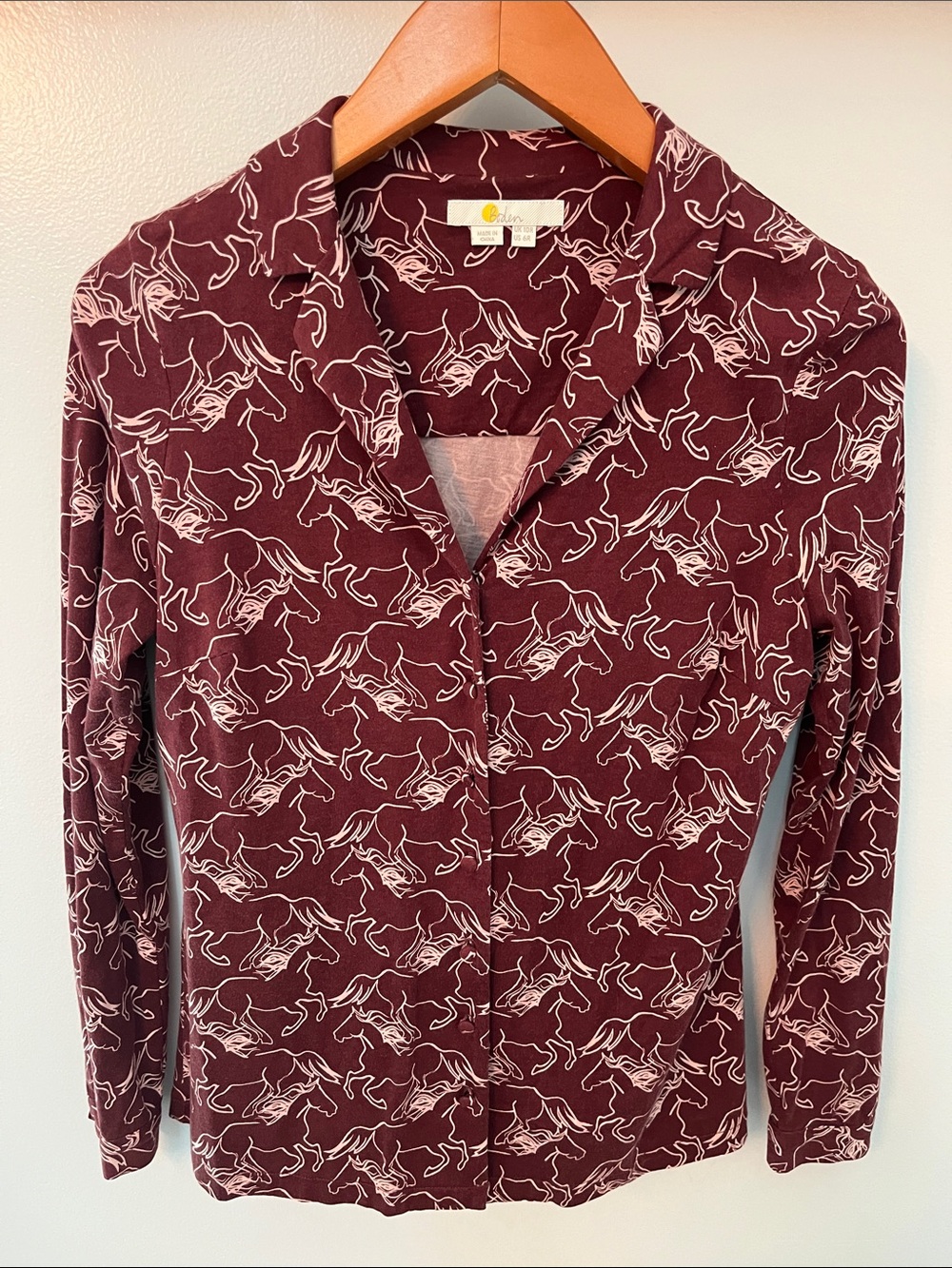 Boden Maroon Long-Sleeve Button-Down Shirt with White Horse Print